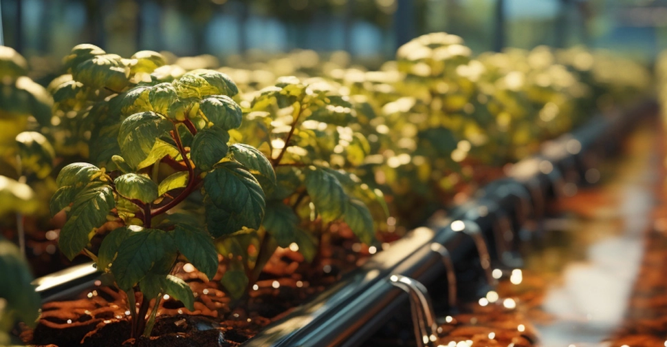 Plantas sendo regadas em uma estufa