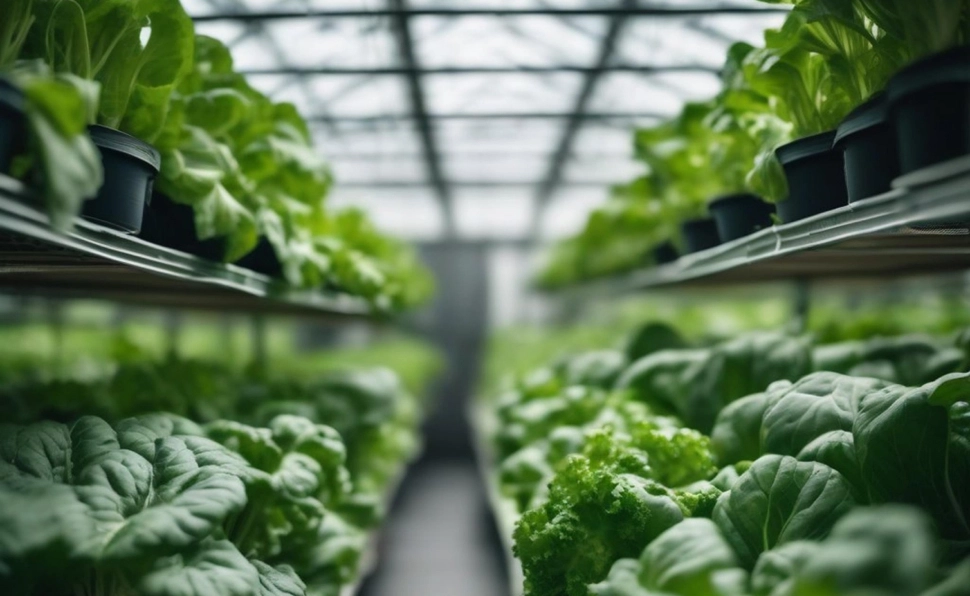 Uma fileira de verduras em uma estufa fechada com foco na frente e desfoque ao fundo
