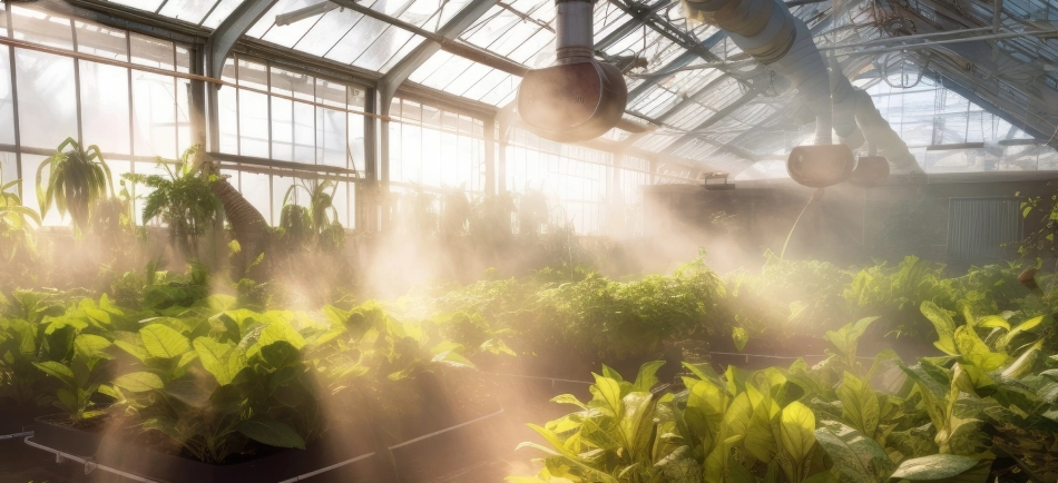 Plantas em uma estufa sendo regadas