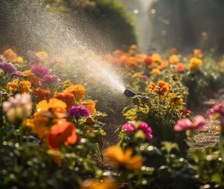 Flores diversas sendo regadas